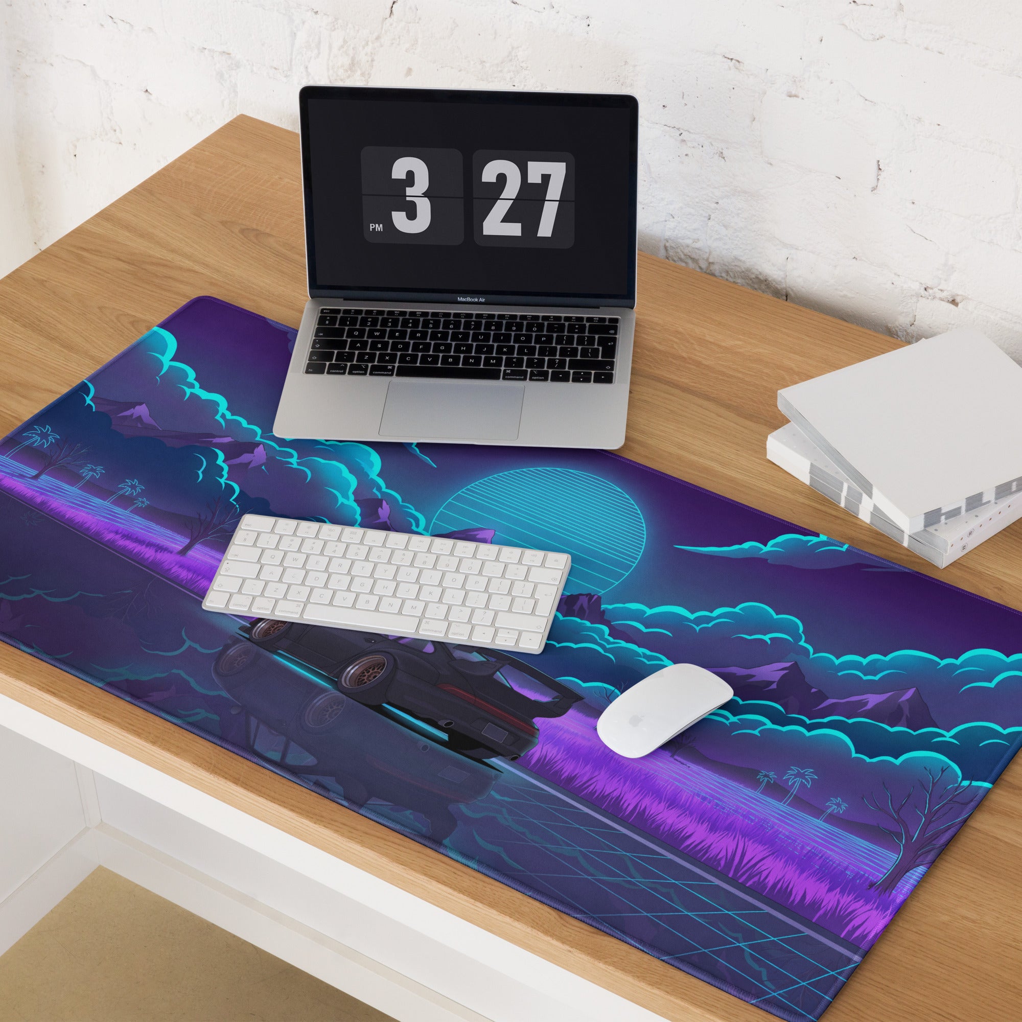 RWB Porsche 911 Turbo Inspired Purple Blue Vaporwave Gaming Mouse Pad, Neon Mountain Road Desk Mat with Retro Futuristic Crystal Artwork