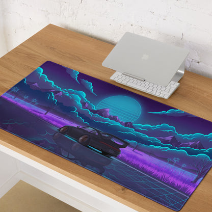 RWB Porsche 911 Turbo Inspired Purple Blue Vaporwave Gaming Mouse Pad, Neon Mountain Road Desk Mat with Retro Futuristic Crystal Artwork