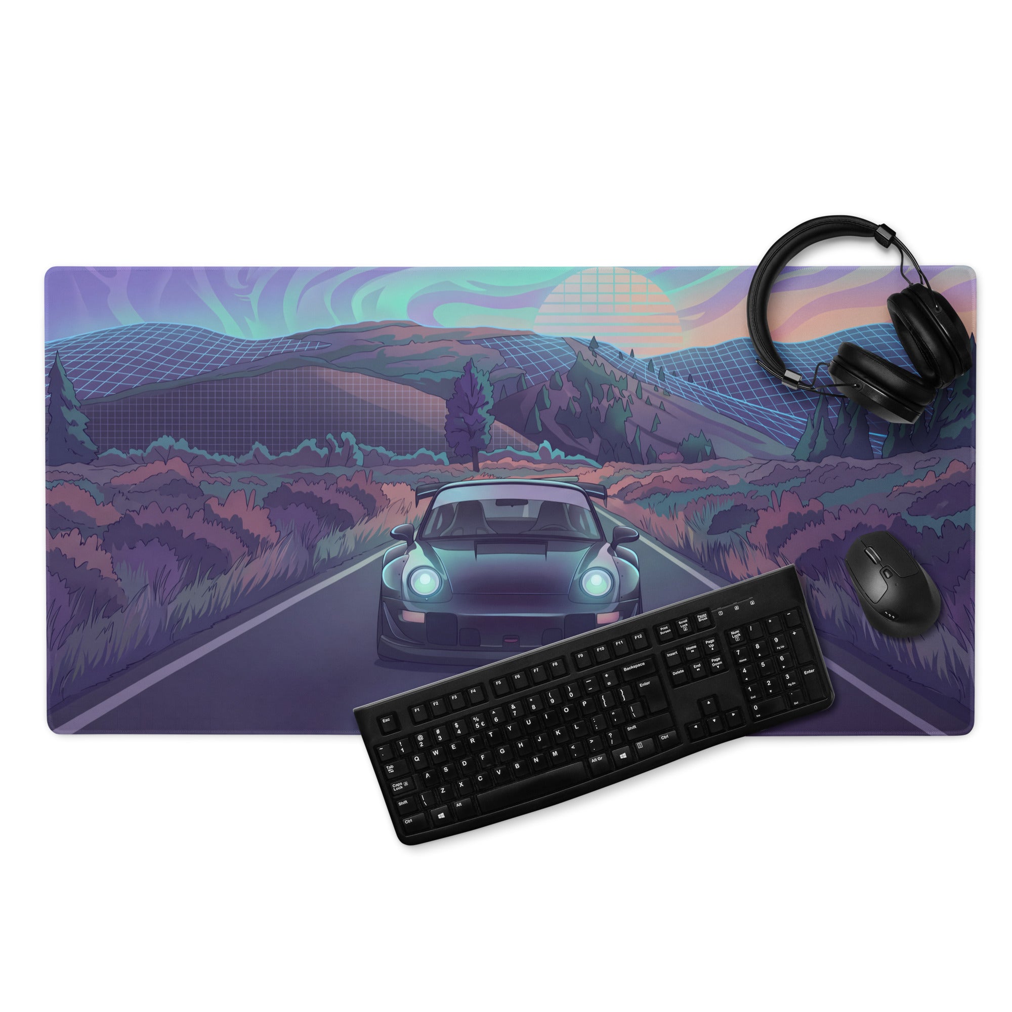 Porsche 911 Inspired Teal Purple Vaporwave Gaming Mouse Pad, Retro Sunset Mountain Road Desk Mat with Futuristic Synthwave Car Artwork
