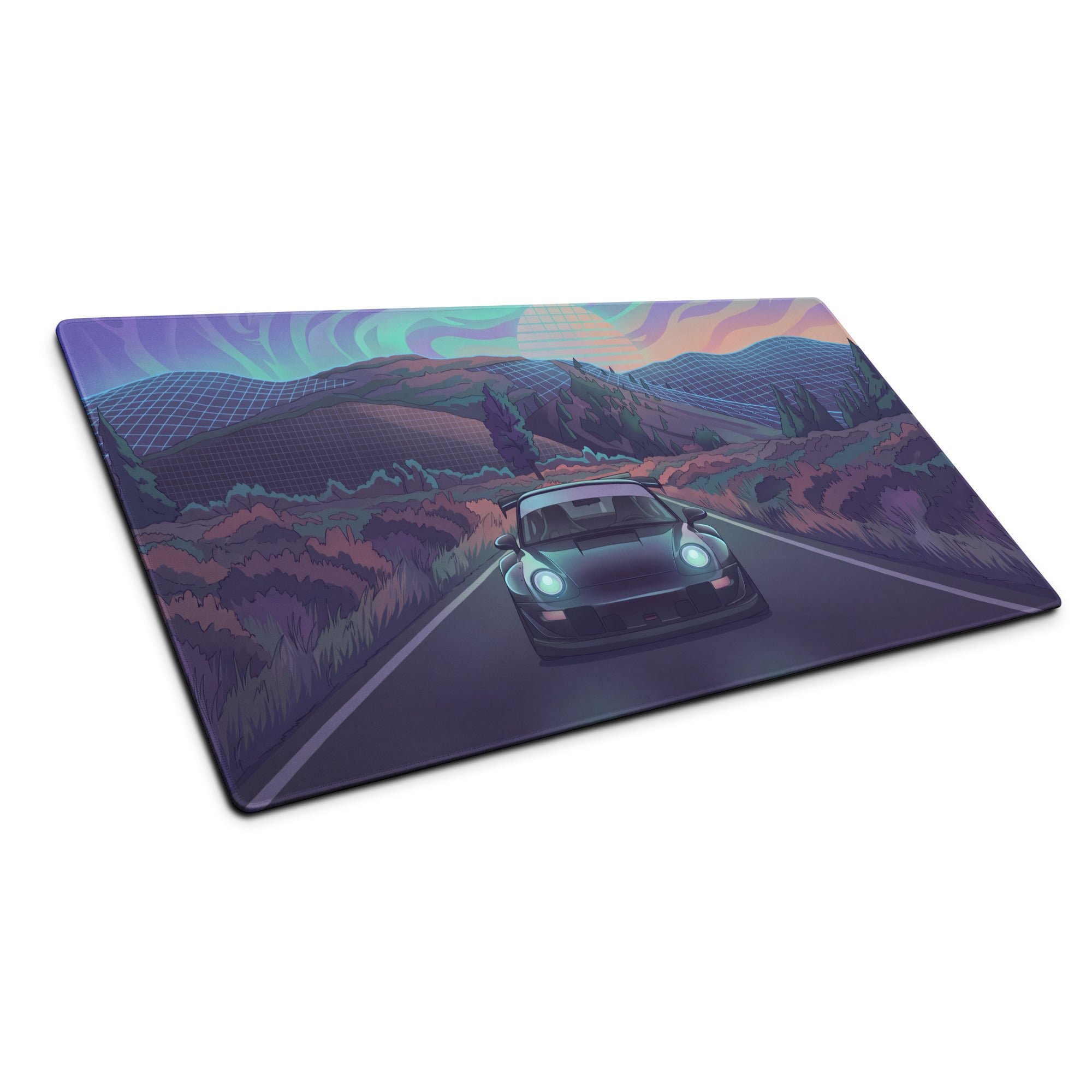 Porsche 911 Inspired Teal Purple Vaporwave Gaming Mouse Pad, Retro Sunset Mountain Road Desk Mat with Futuristic Synthwave Car Artwork