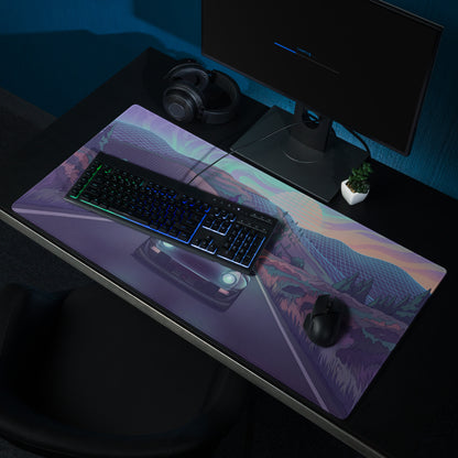 Porsche 911 Inspired Teal Purple Vaporwave Gaming Mouse Pad, Retro Sunset Mountain Road Desk Mat with Futuristic Synthwave Car Artwork