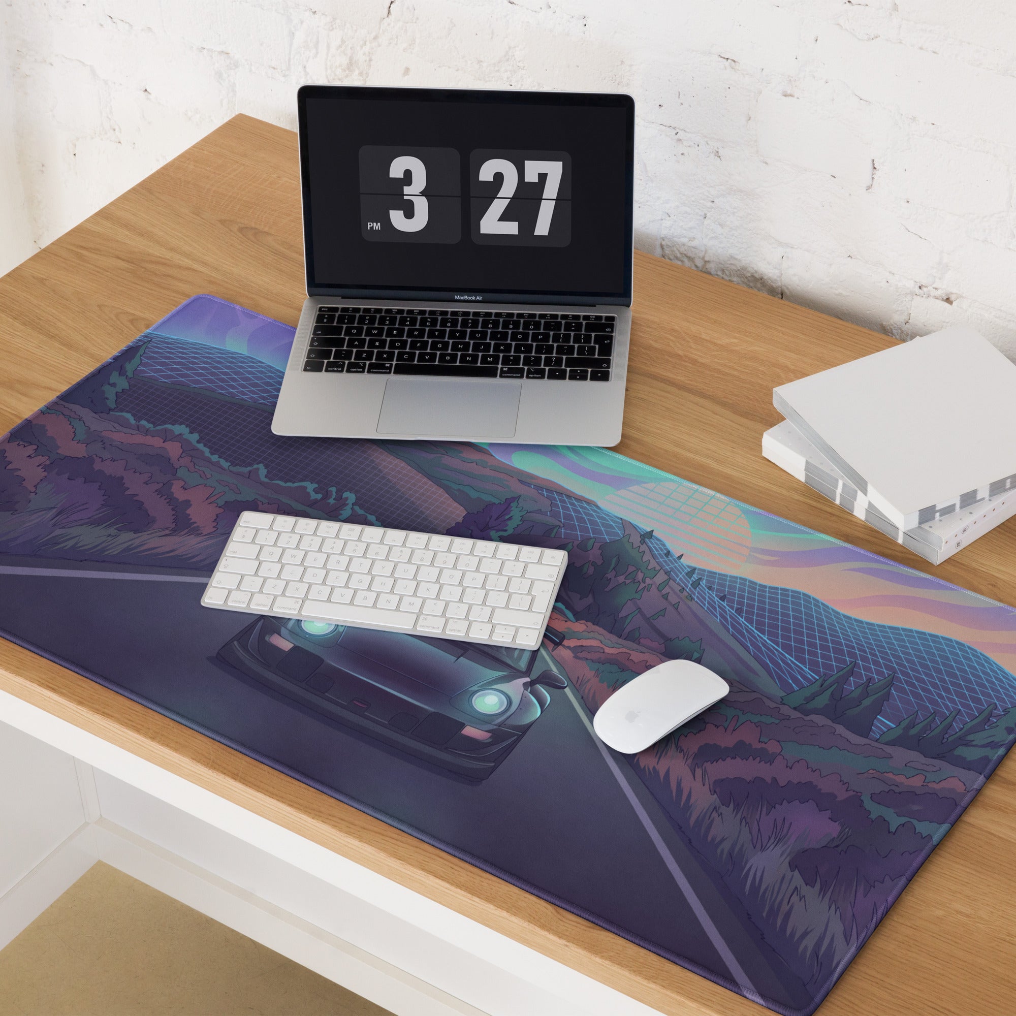 Porsche 911 Inspired Teal Purple Vaporwave Gaming Mouse Pad, Retro Sunset Mountain Road Desk Mat with Futuristic Synthwave Car Artwork