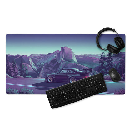 RWB Porsche 911 Inspired Purple Teal Vaporwave Gaming Mouse Pad, Neon Mountain Road Desk Mat with Retro Futuristic Sports Car Artwork