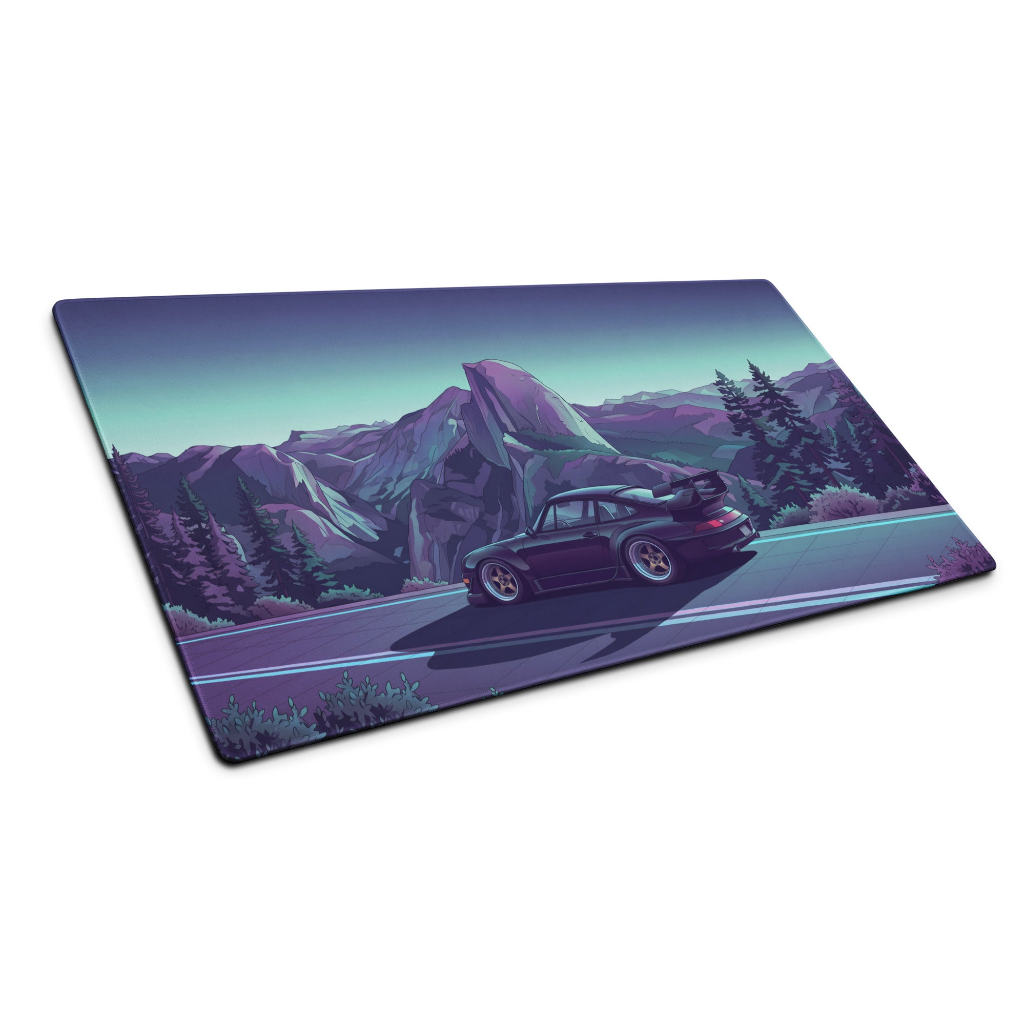 RWB Porsche 911 Inspired Purple Teal Vaporwave Gaming Mouse Pad, Neon Mountain Road Desk Mat with Retro Futuristic Sports Car Artwork
