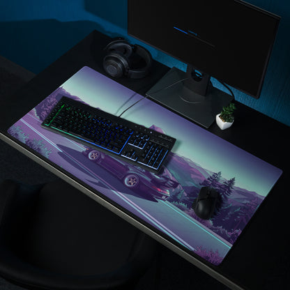 RWB Porsche 911 Inspired Purple Teal Vaporwave Gaming Mouse Pad, Neon Mountain Road Desk Mat with Retro Futuristic Sports Car Artwork