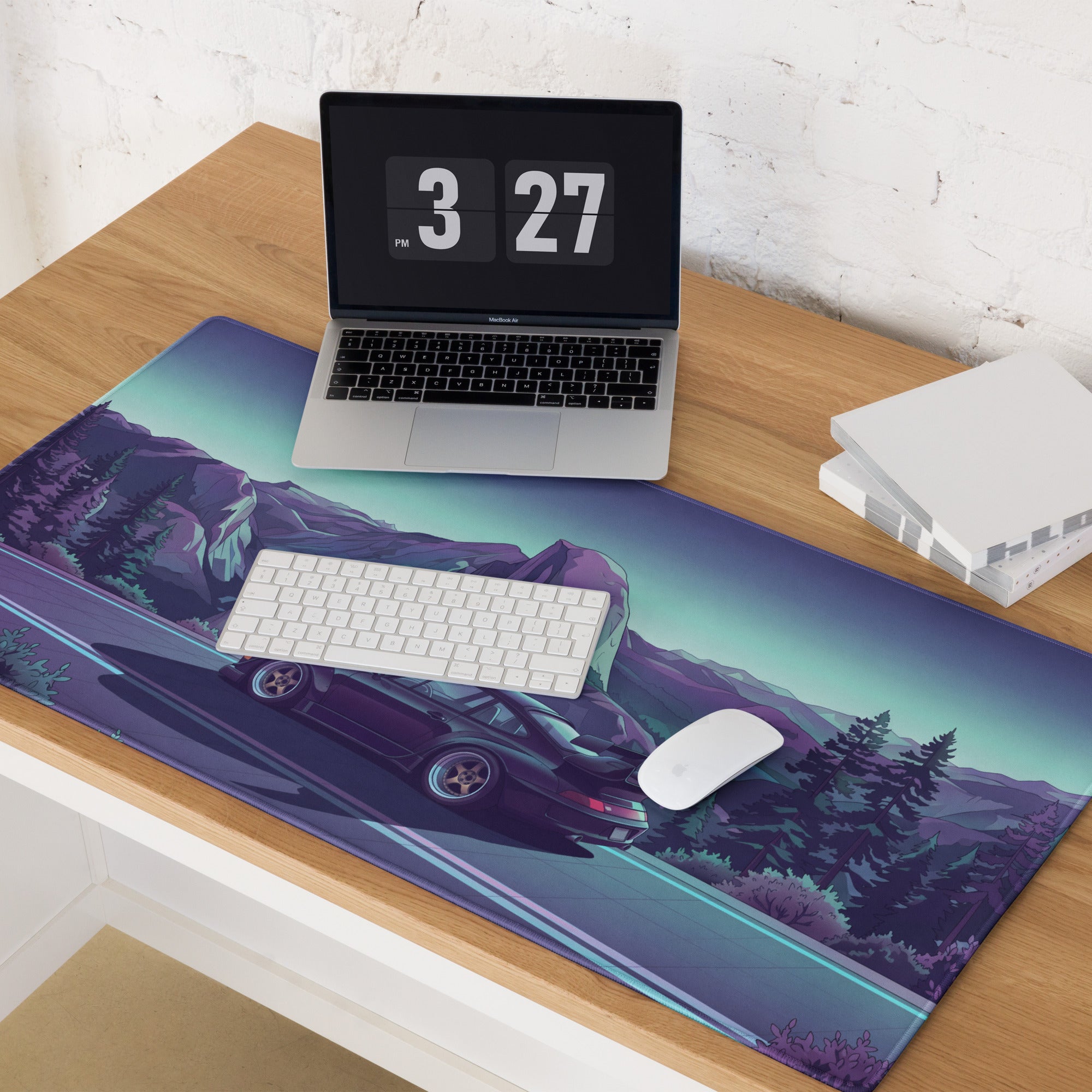 RWB Porsche 911 Inspired Purple Teal Vaporwave Gaming Mouse Pad, Neon Mountain Road Desk Mat with Retro Futuristic Sports Car Artwork