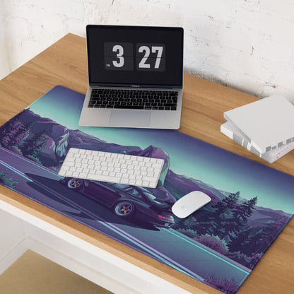 RWB Porsche 911 Inspired Purple Teal Vaporwave Gaming Mouse Pad, Neon Mountain Road Desk Mat with Retro Futuristic Sports Car Artwork