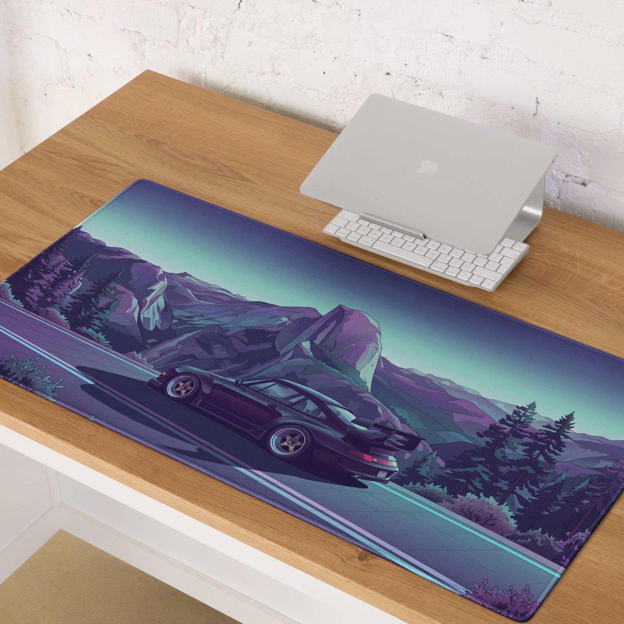 RWB Porsche 911 Inspired Purple Teal Vaporwave Gaming Mouse Pad, Neon Mountain Road Desk Mat with Retro Futuristic Sports Car Artwork