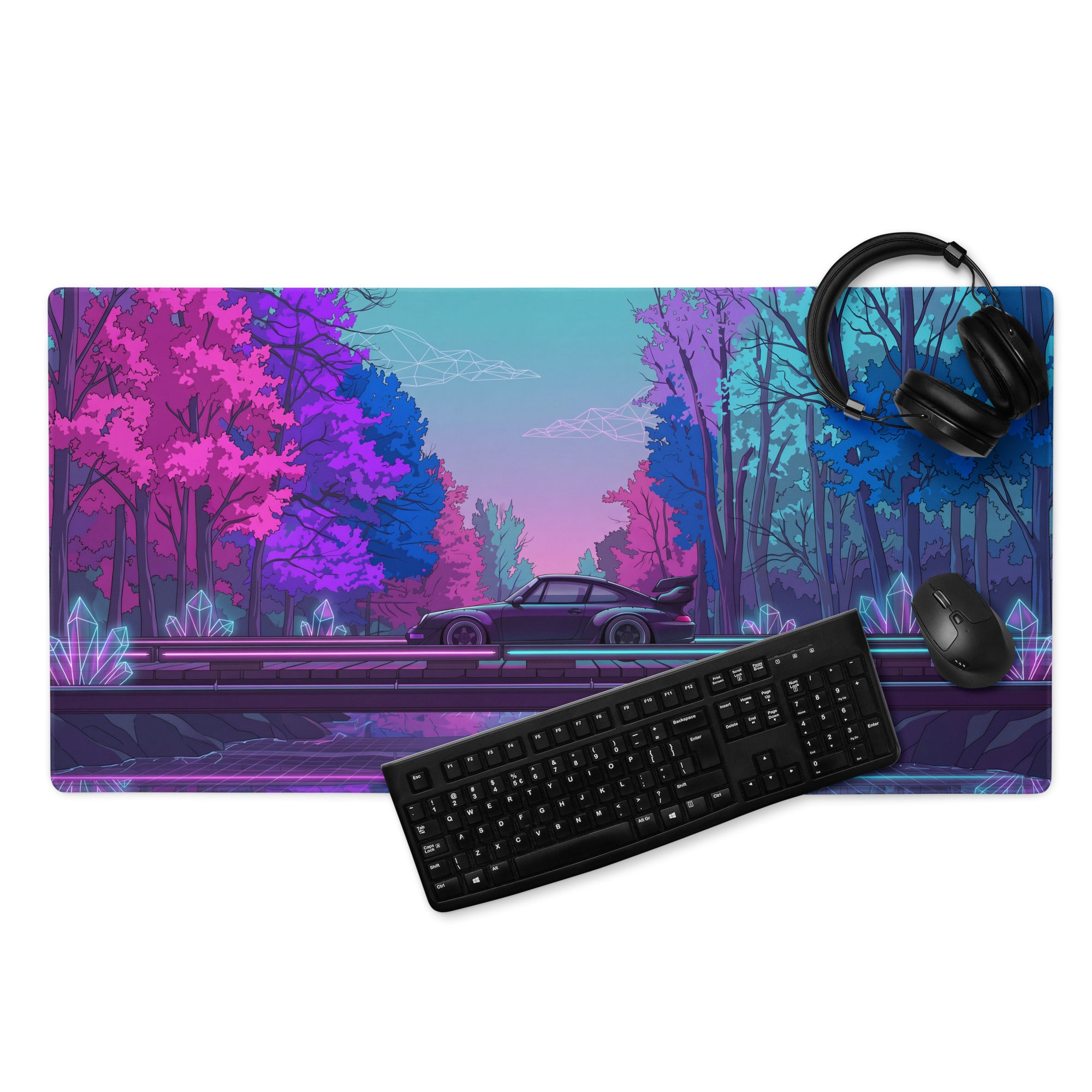RWB Porsche 911 Inspired Pink Blue Vaporwave Gaming Mouse Pad, Neon Forest Road Desk Mat with Retro Futuristic Crystal Car Artwork