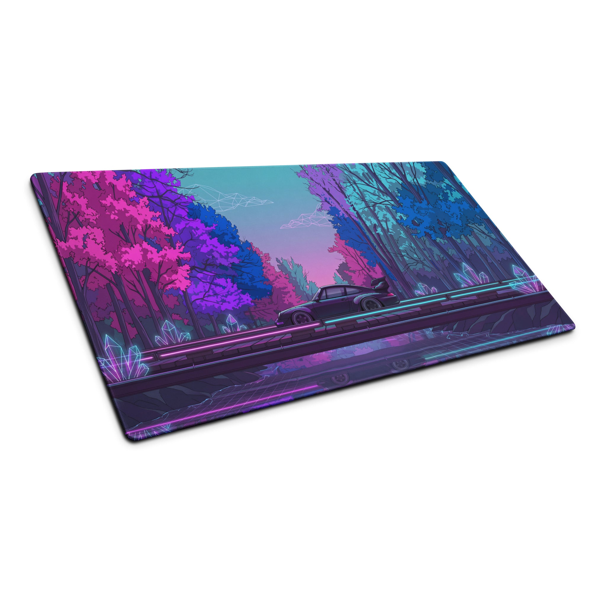 RWB Porsche 911 Inspired Pink Blue Vaporwave Gaming Mouse Pad, Neon Forest Road Desk Mat with Retro Futuristic Crystal Car Artwork