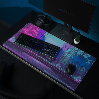 RWB Porsche 911 Inspired Pink Blue Vaporwave Gaming Mouse Pad, Neon Forest Road Desk Mat with Retro Futuristic Crystal Car Artwork