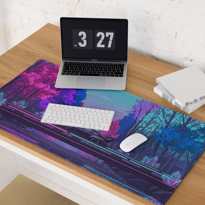 RWB Porsche 911 Inspired Pink Blue Vaporwave Gaming Mouse Pad, Neon Forest Road Desk Mat with Retro Futuristic Crystal Car Artwork