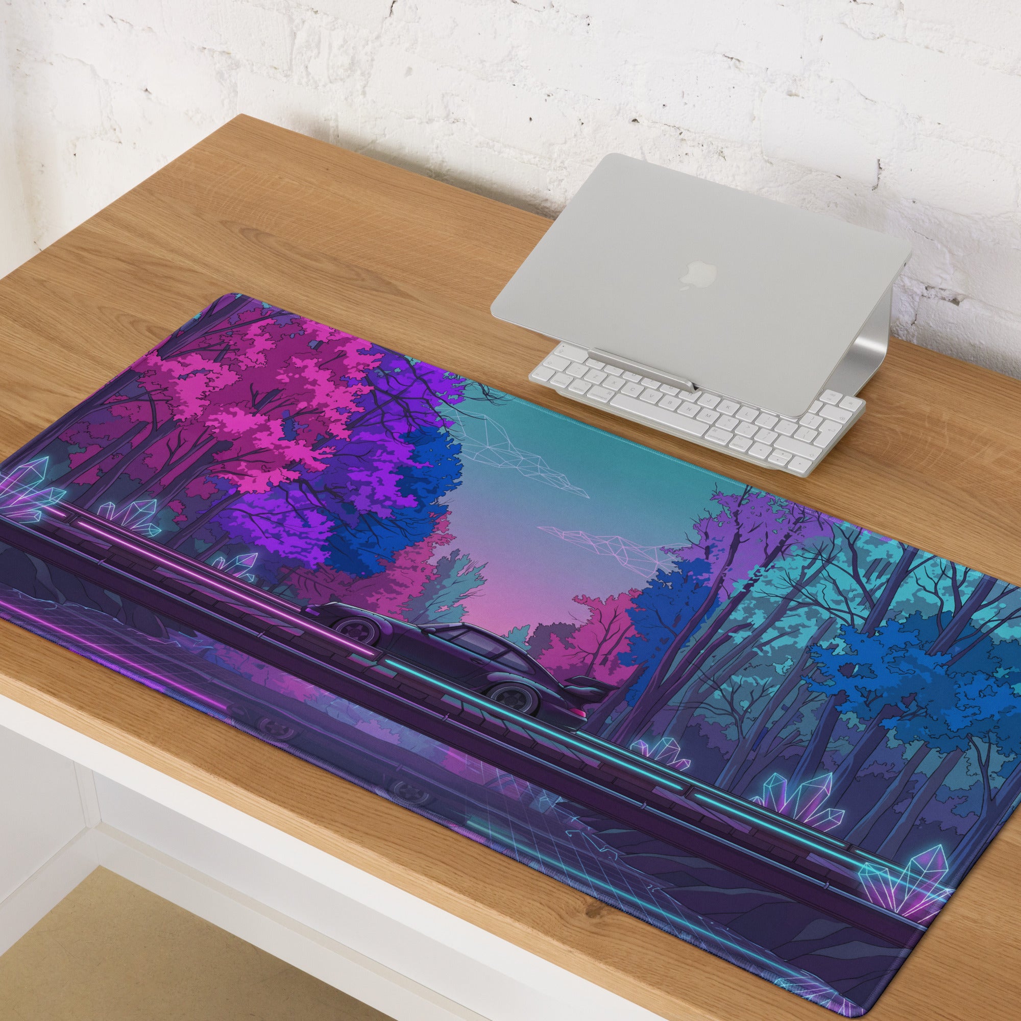 RWB Porsche 911 Inspired Pink Blue Vaporwave Gaming Mouse Pad, Neon Forest Road Desk Mat with Retro Futuristic Crystal Car Artwork