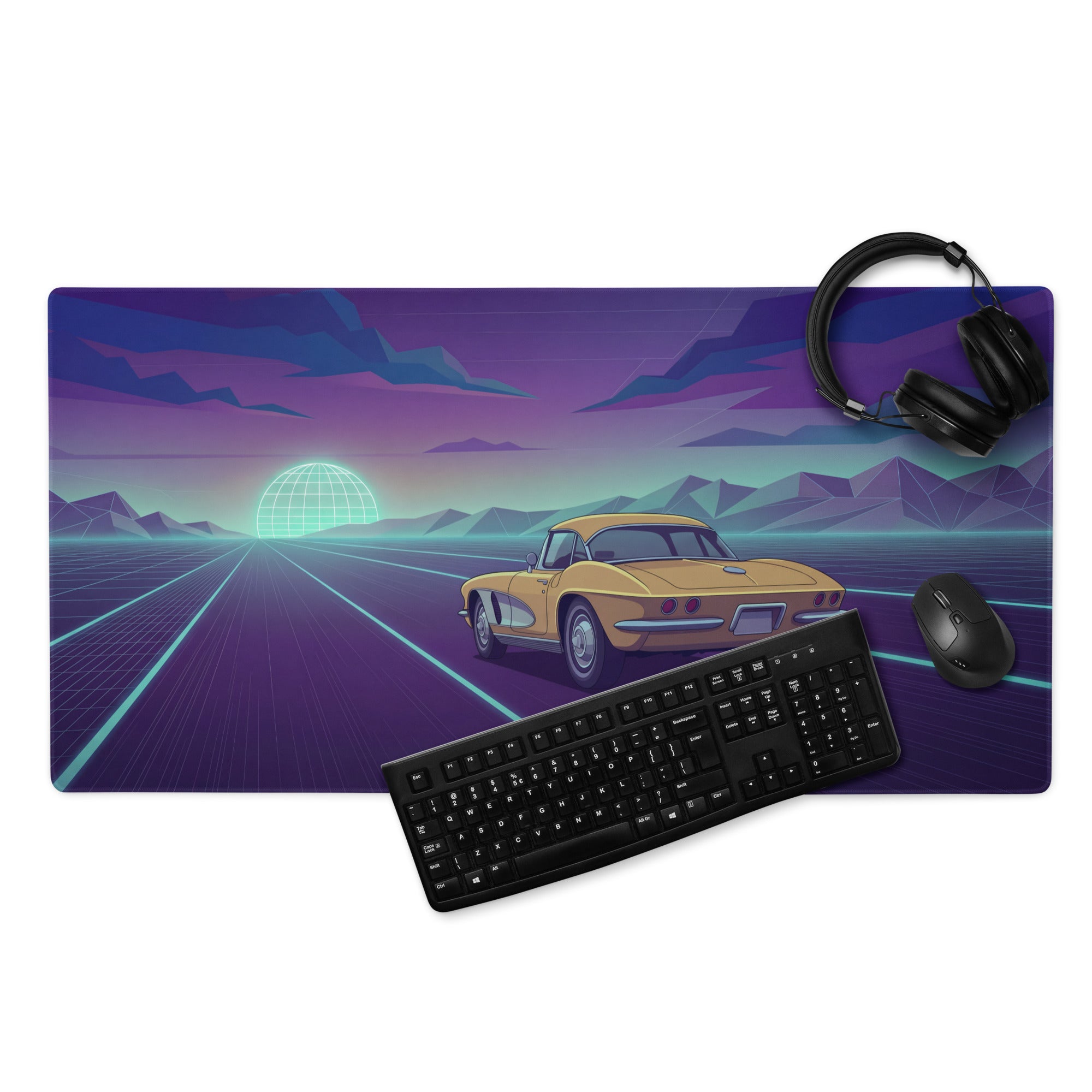 Chevrolet Corvette C2 Sting Ray Inspired Gold Purple Vaporwave Gaming Mouse Pad, Neon Highway Desk Mat with Retro Futuristic Classic Car Artwork