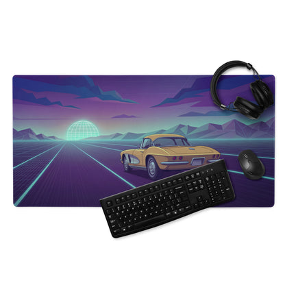 Chevrolet Corvette C2 Sting Ray Inspired Gold Purple Vaporwave Gaming Mouse Pad, Neon Highway Desk Mat with Retro Futuristic Classic Car Artwork