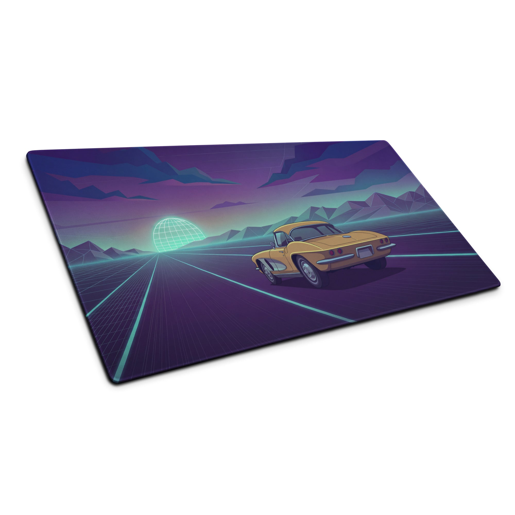 Chevrolet Corvette C2 Sting Ray Inspired Gold Purple Vaporwave Gaming Mouse Pad, Neon Highway Desk Mat with Retro Futuristic Classic Car Artwork