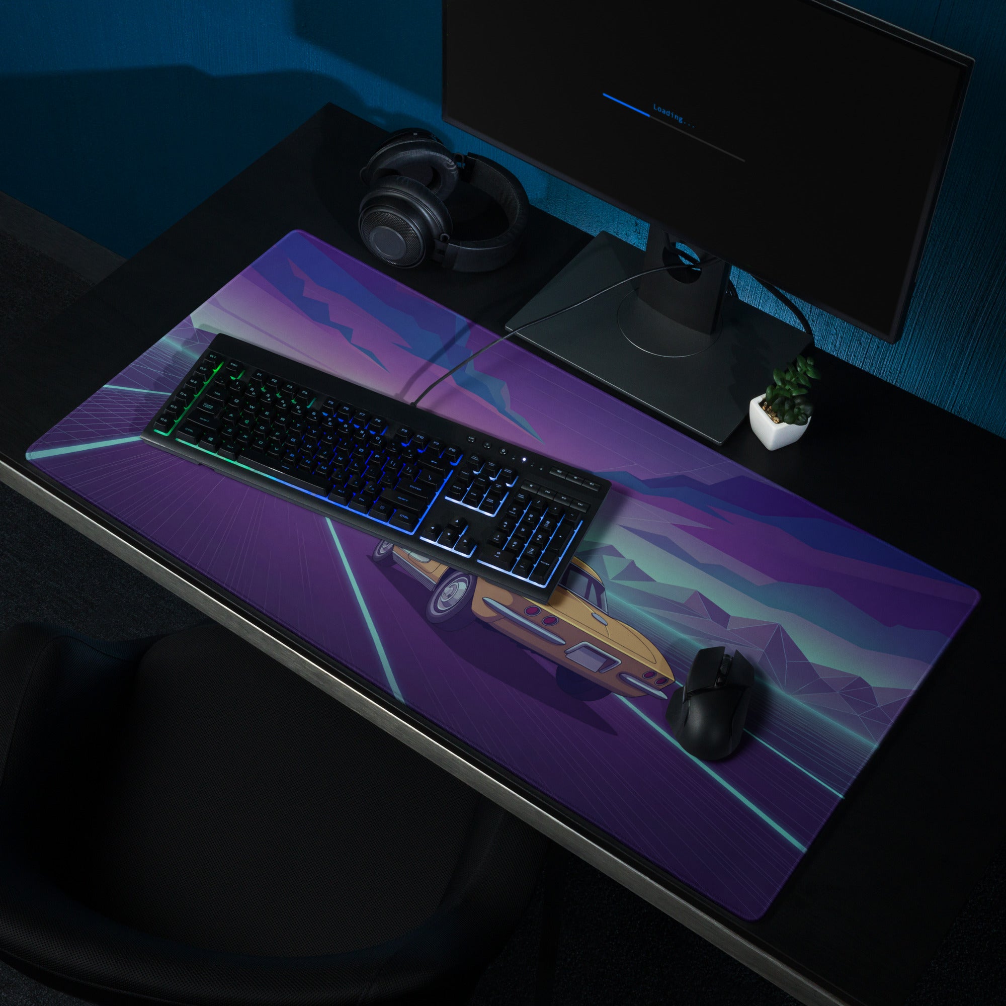 Chevrolet Corvette C2 Sting Ray Inspired Gold Purple Vaporwave Gaming Mouse Pad, Neon Highway Desk Mat with Retro Futuristic Classic Car Artwork