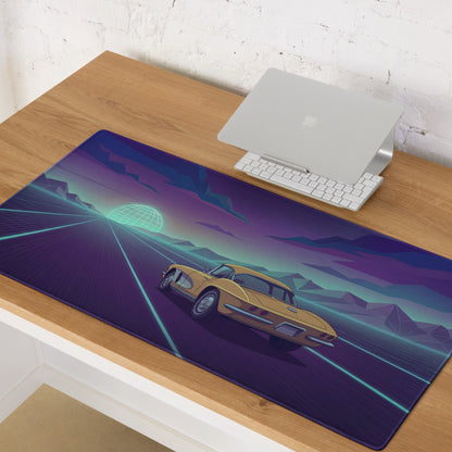 Chevrolet Corvette C2 Sting Ray Inspired Gold Purple Vaporwave Gaming Mouse Pad, Neon Highway Desk Mat with Retro Futuristic Classic Car Artwork