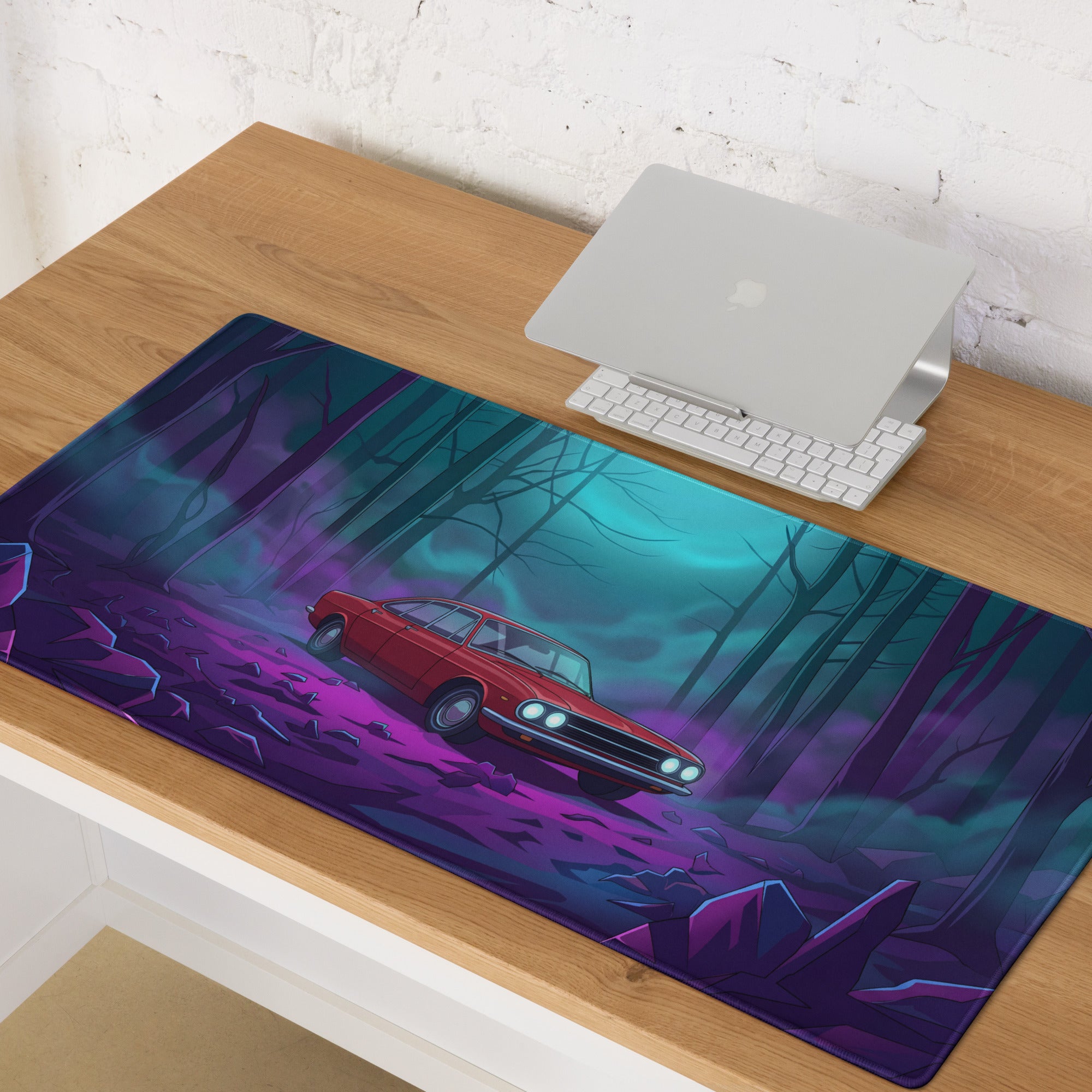 Vintage Car Inspired Red Purple Vaporwave Gaming Mouse Pad, Neon Haunted Forest Desk Mat with Moody Retro Japanese Sedan Artwork