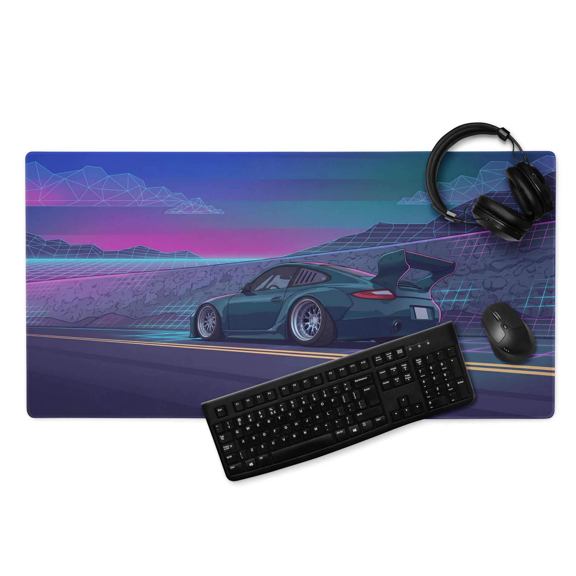Porsche 911 997 Inspired Teal Purple Vaporwave Gaming Mouse Pad, Neon Mountain Road Desk Mat with Retro Futuristic Race Car Artwork