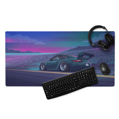 Porsche 911 997 Inspired Teal Purple Vaporwave Gaming Mouse Pad, Neon Mountain Road Desk Mat with Retro Futuristic Race Car Artwork