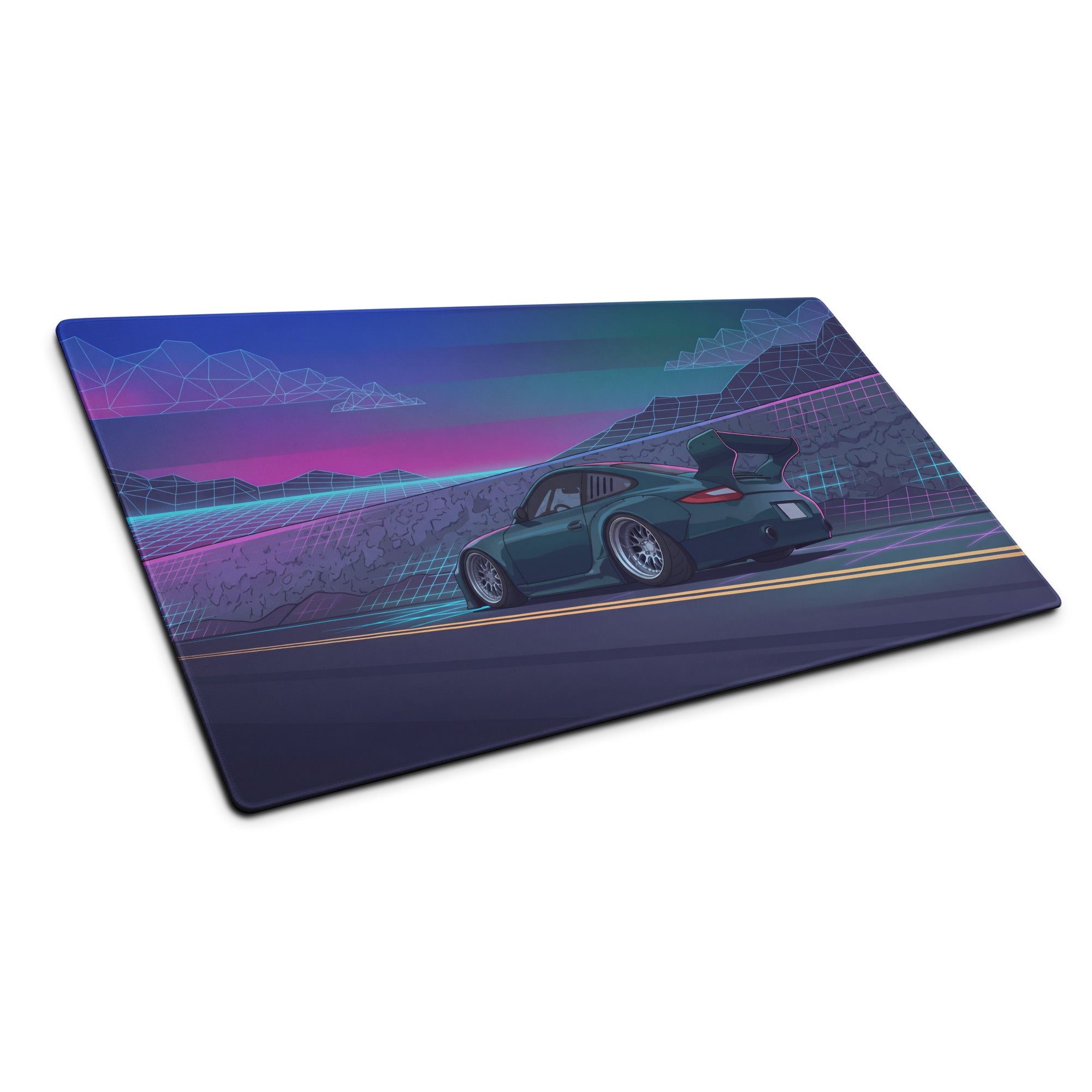 Porsche 911 997 Inspired Teal Purple Vaporwave Gaming Mouse Pad, Neon Mountain Road Desk Mat with Retro Futuristic Race Car Artwork