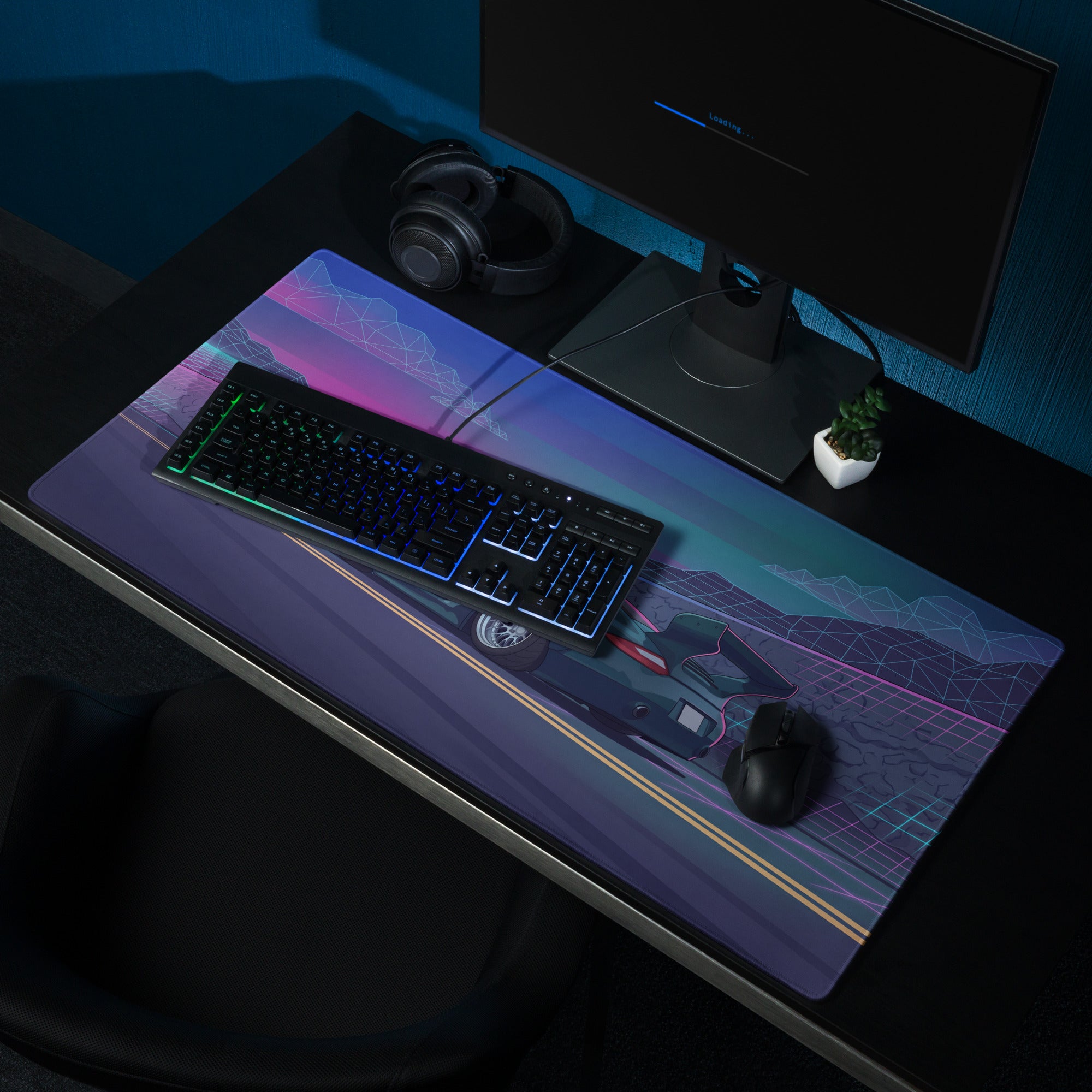 Porsche 911 997 Inspired Teal Purple Vaporwave Gaming Mouse Pad, Neon Mountain Road Desk Mat with Retro Futuristic Race Car Artwork