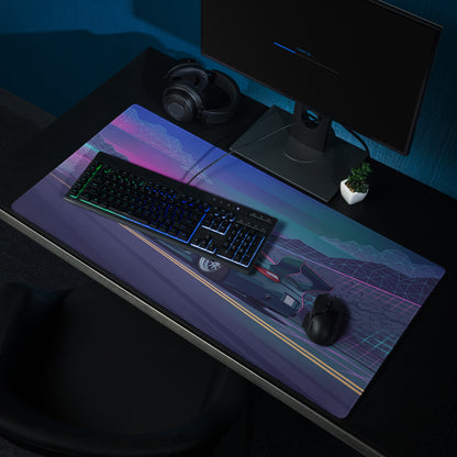 Porsche 911 997 Inspired Teal Purple Vaporwave Gaming Mouse Pad, Neon Mountain Road Desk Mat with Retro Futuristic Race Car Artwork