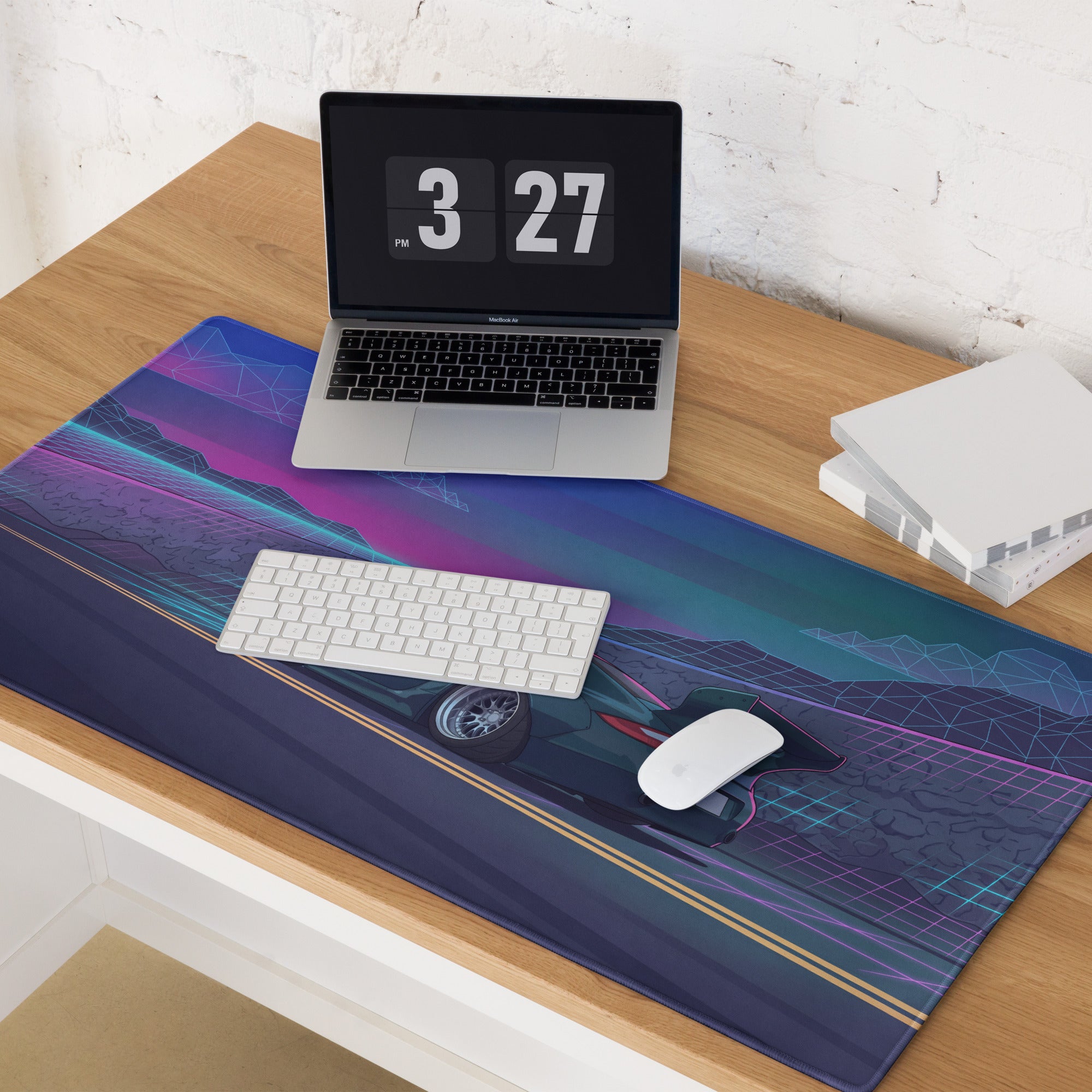 Porsche 911 997 Inspired Teal Purple Vaporwave Gaming Mouse Pad, Neon Mountain Road Desk Mat with Retro Futuristic Race Car Artwork