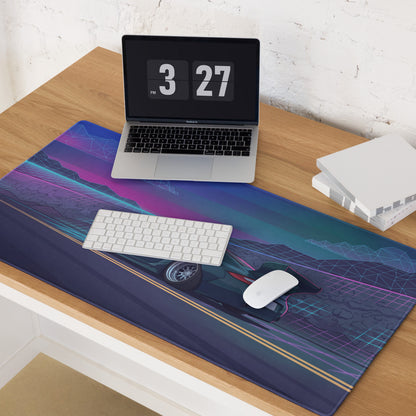 Porsche 911 997 Inspired Teal Purple Vaporwave Gaming Mouse Pad, Neon Mountain Road Desk Mat with Retro Futuristic Race Car Artwork