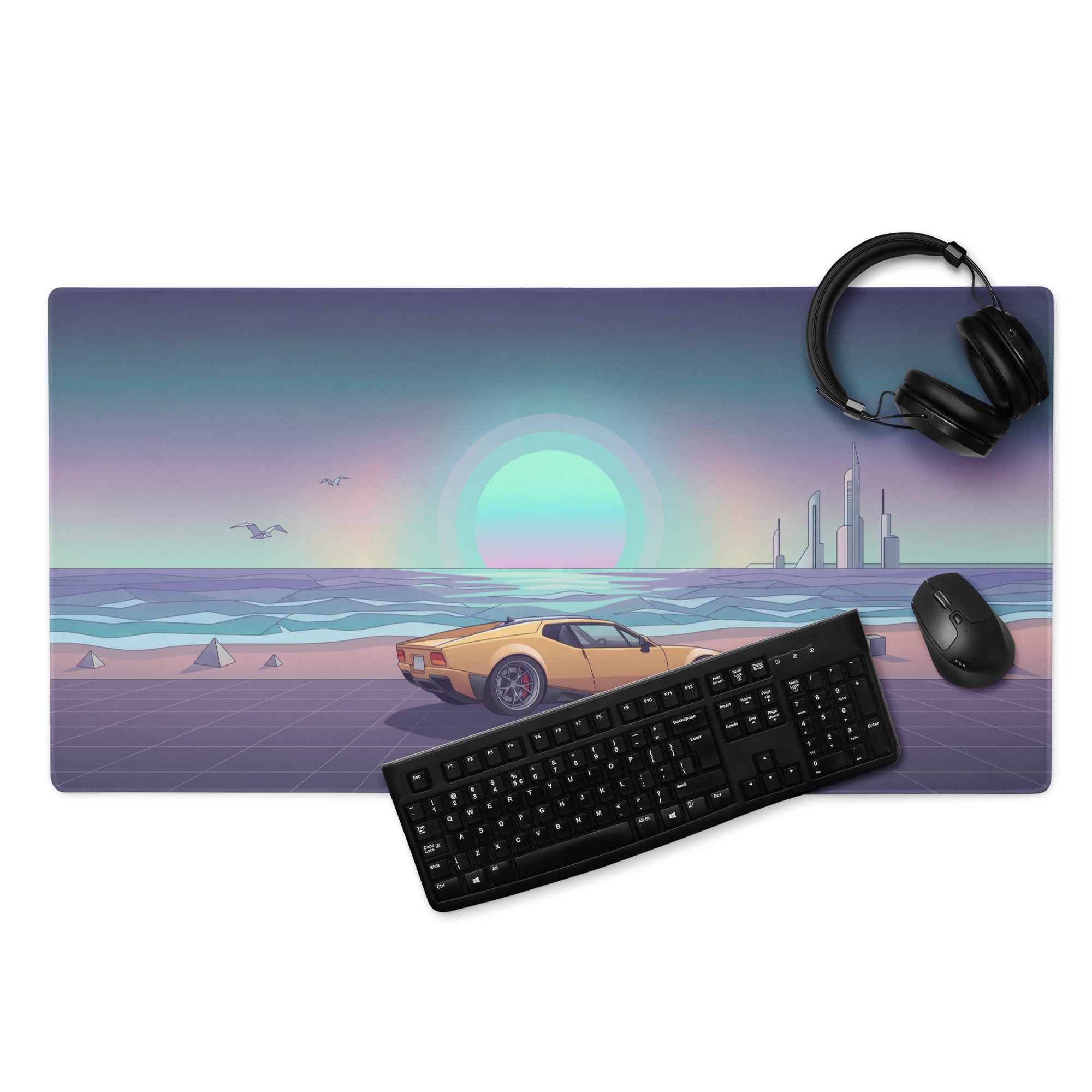 De Tomaso Pantera Inspired Orange Teal Vaporwave Gaming Mouse Pad, Retro Coastal Sunset Desk Mat with Futuristic Classic Supercar Artwork