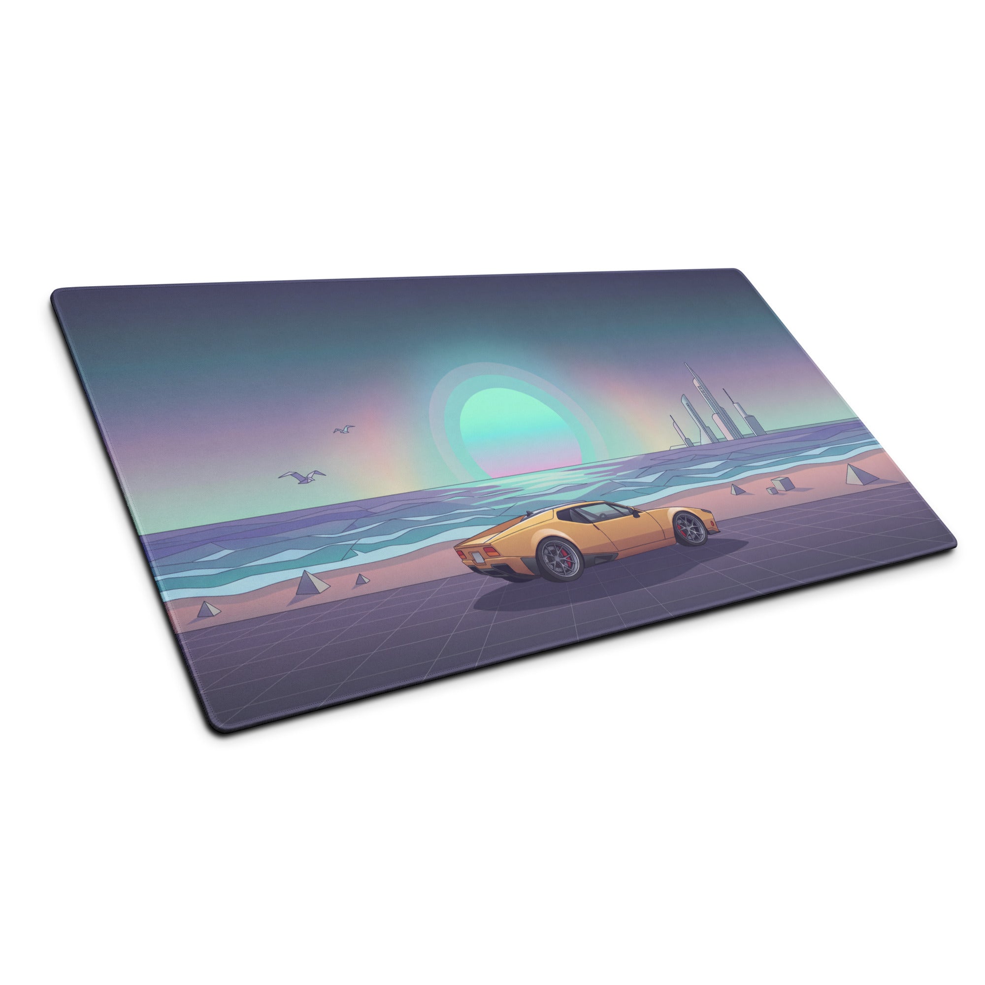 De Tomaso Pantera Inspired Orange Teal Vaporwave Gaming Mouse Pad, Retro Coastal Sunset Desk Mat with Futuristic Classic Supercar Artwork