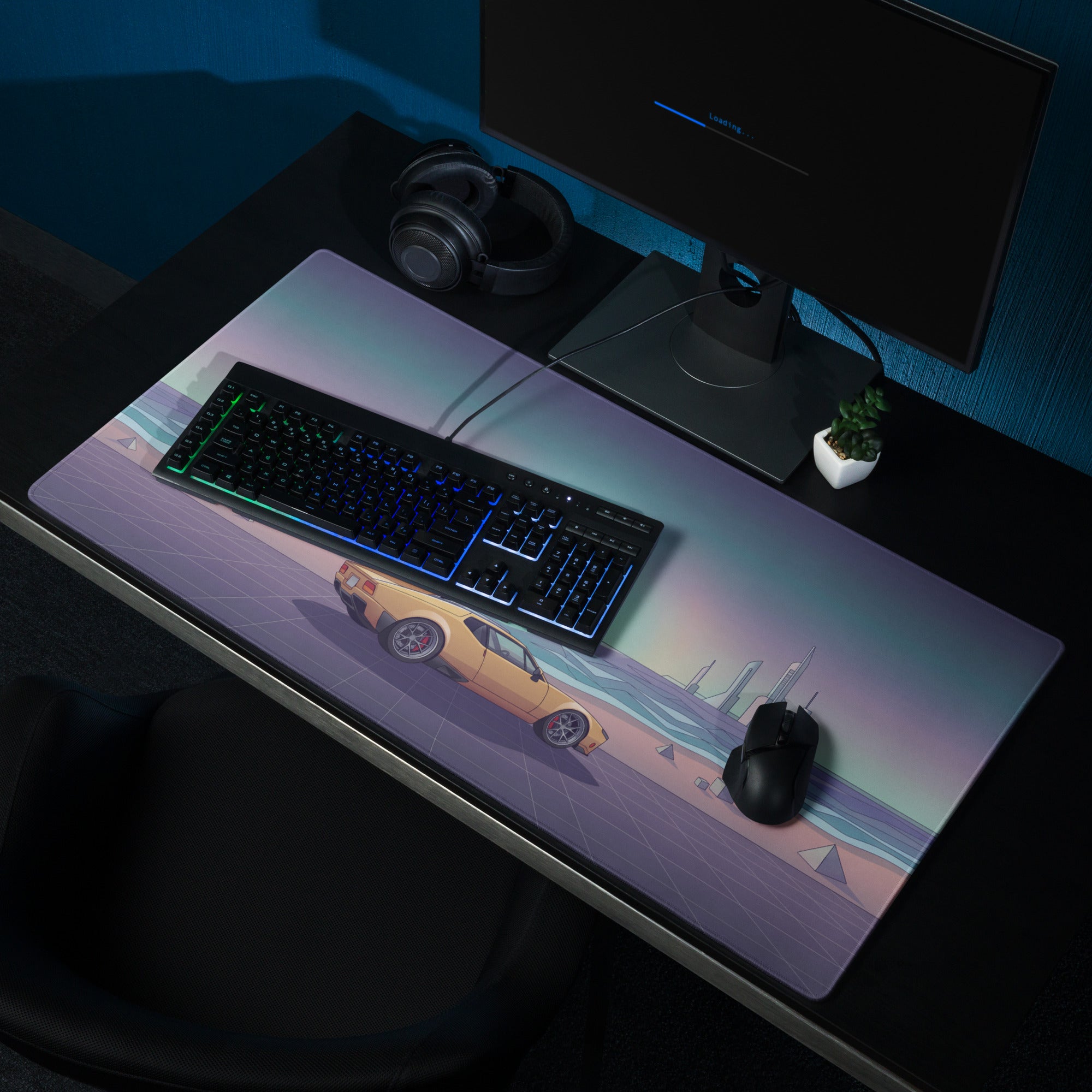 De Tomaso Pantera Inspired Orange Teal Vaporwave Gaming Mouse Pad, Retro Coastal Sunset Desk Mat with Futuristic Classic Supercar Artwork