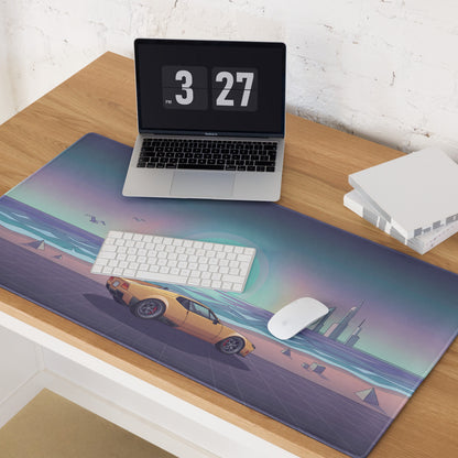 De Tomaso Pantera Inspired Orange Teal Vaporwave Gaming Mouse Pad, Retro Coastal Sunset Desk Mat with Futuristic Classic Supercar Artwork