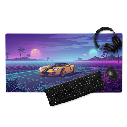 Ford GT Inspired Yellow Black Vaporwave Gaming Mouse Pad, Neon Grid Sunset Desk Mat with Retro Futuristic Supercar Artwork