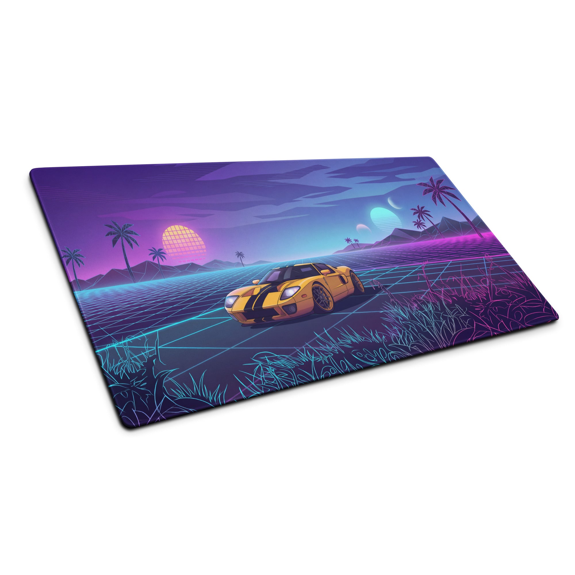 Ford GT Inspired Yellow Black Vaporwave Gaming Mouse Pad, Neon Grid Sunset Desk Mat with Retro Futuristic Supercar Artwork