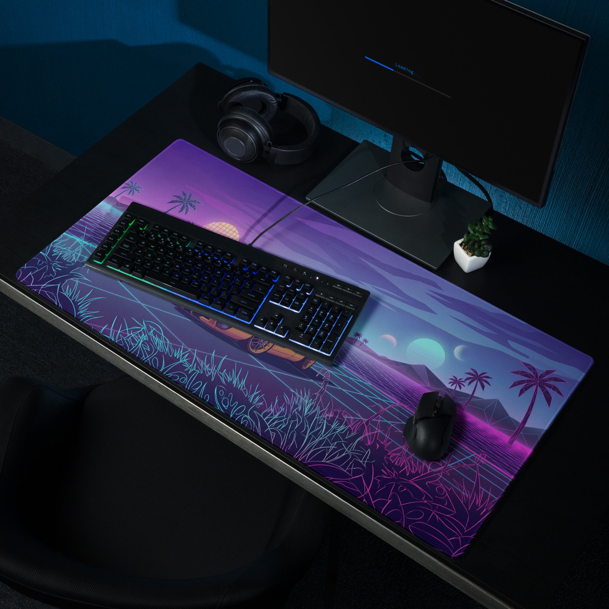 Ford GT Inspired Yellow Black Vaporwave Gaming Mouse Pad, Neon Grid Sunset Desk Mat with Retro Futuristic Supercar Artwork