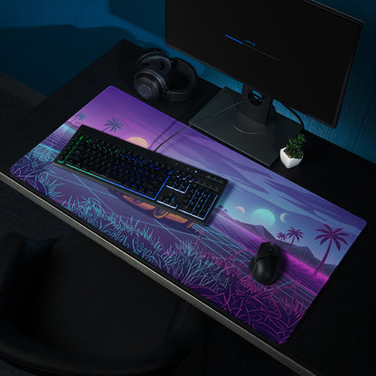Ford GT Inspired Yellow Black Vaporwave Gaming Mouse Pad, Neon Grid Sunset Desk Mat with Retro Futuristic Supercar Artwork