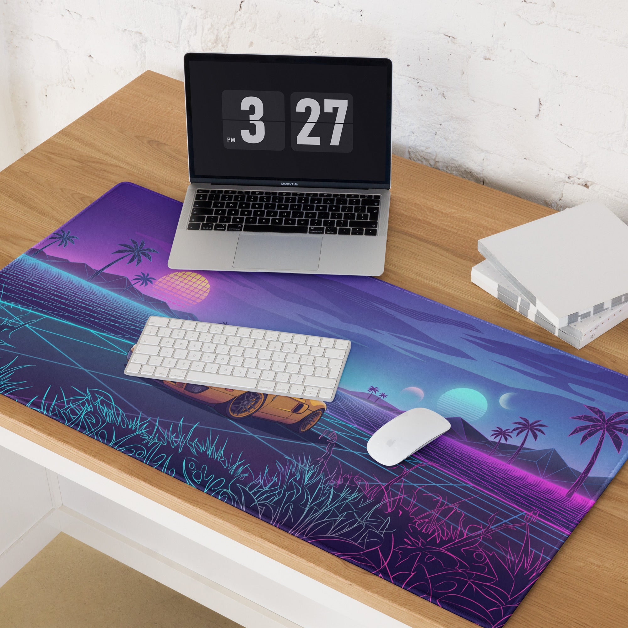 Ford GT Inspired Yellow Black Vaporwave Gaming Mouse Pad, Neon Grid Sunset Desk Mat with Retro Futuristic Supercar Artwork