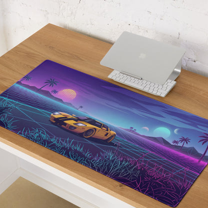 Ford GT Inspired Yellow Black Vaporwave Gaming Mouse Pad, Neon Grid Sunset Desk Mat with Retro Futuristic Supercar Artwork