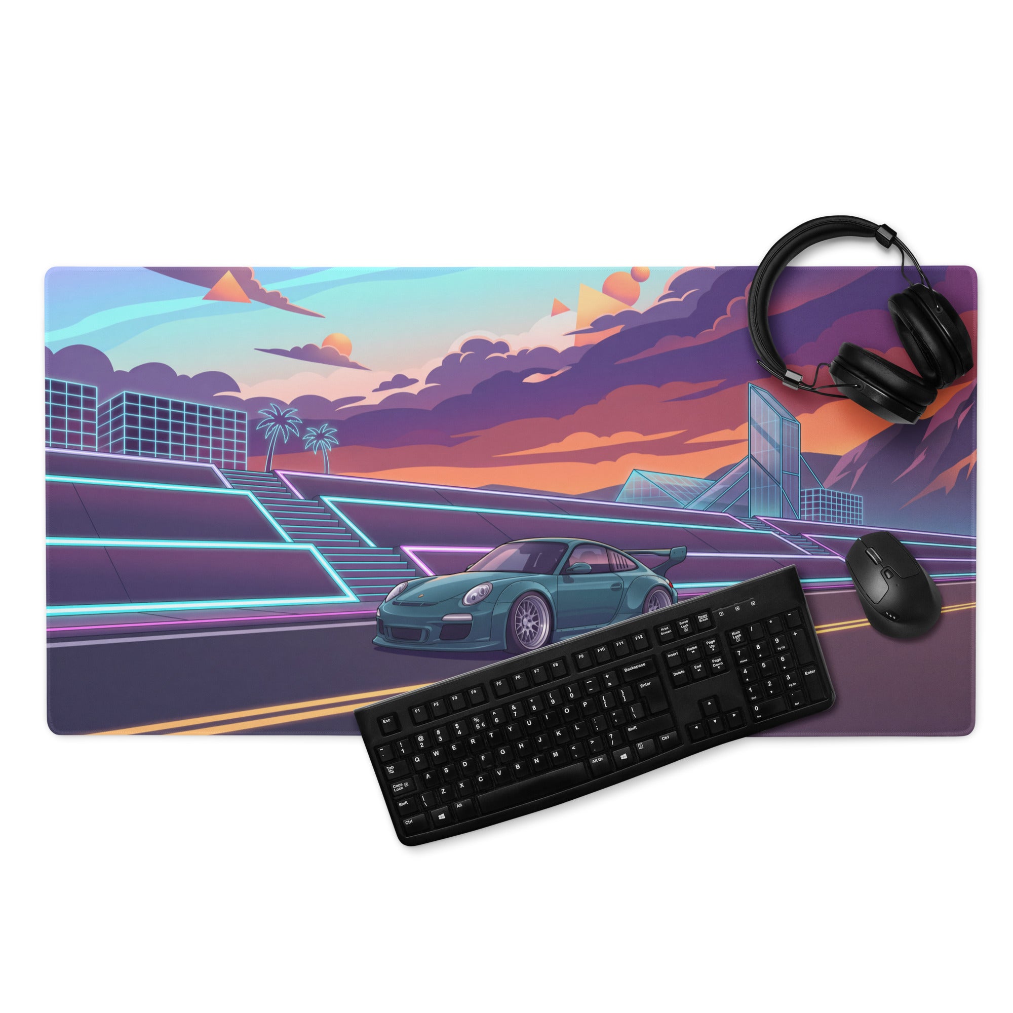 RWB Porsche 911 Inspired Teal Orange Vaporwave Gaming Mouse Pad, Neon Sunset Highway Desk Mat with Retro Futuristic Sports Car Artwork
