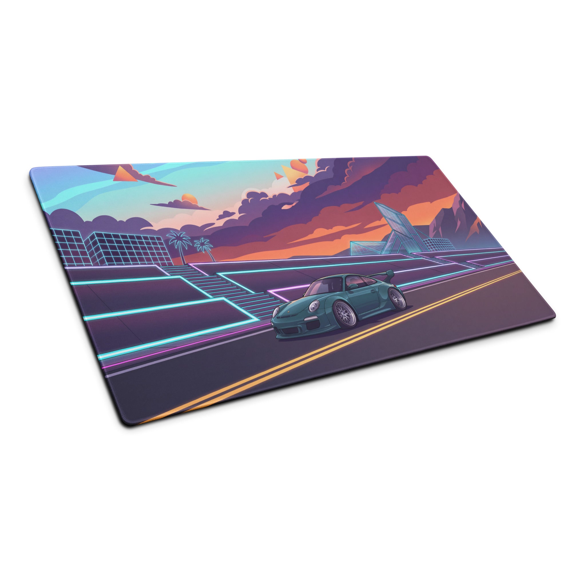 RWB Porsche 911 Inspired Teal Orange Vaporwave Gaming Mouse Pad, Neon Sunset Highway Desk Mat with Retro Futuristic Sports Car Artwork