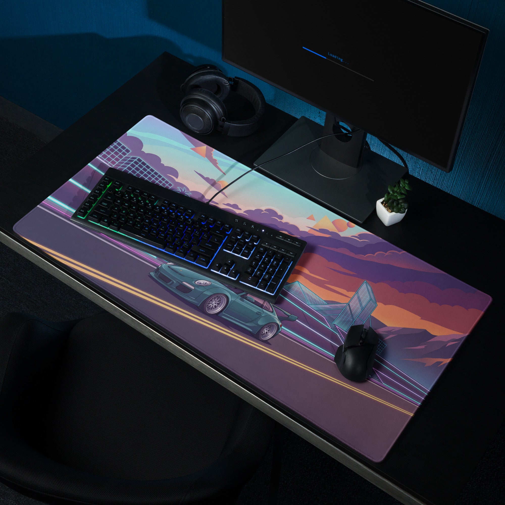 RWB Porsche 911 Inspired Teal Orange Vaporwave Gaming Mouse Pad, Neon Sunset Highway Desk Mat with Retro Futuristic Sports Car Artwork