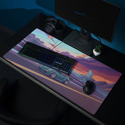 RWB Porsche 911 Inspired Teal Orange Vaporwave Gaming Mouse Pad, Neon Sunset Highway Desk Mat with Retro Futuristic Sports Car Artwork