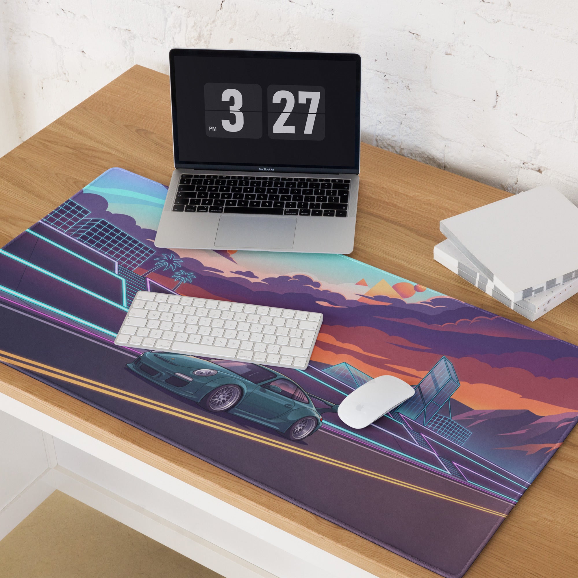 RWB Porsche 911 Inspired Teal Orange Vaporwave Gaming Mouse Pad, Neon Sunset Highway Desk Mat with Retro Futuristic Sports Car Artwork