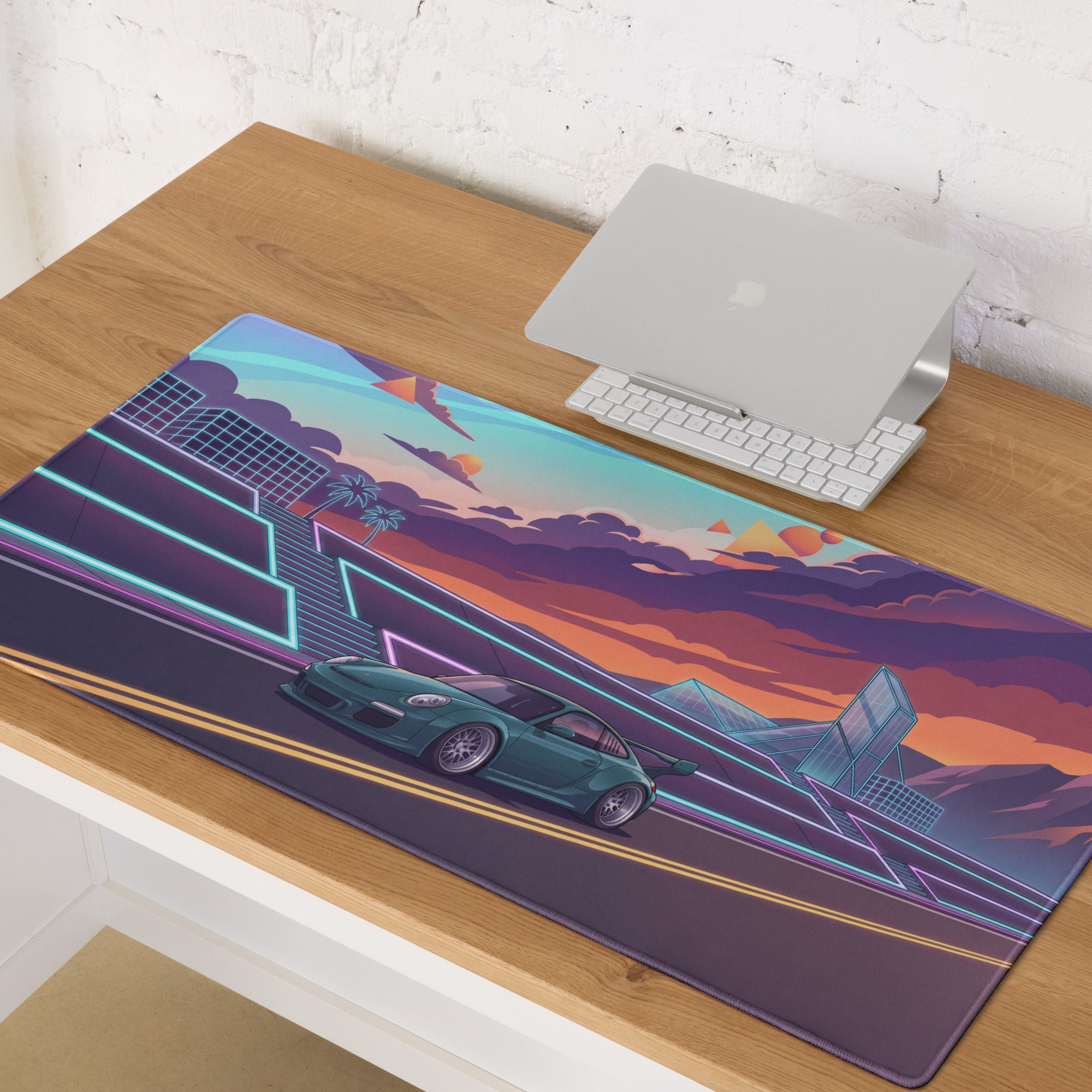 RWB Porsche 911 Inspired Teal Orange Vaporwave Gaming Mouse Pad, Neon Sunset Highway Desk Mat with Retro Futuristic Sports Car Artwork