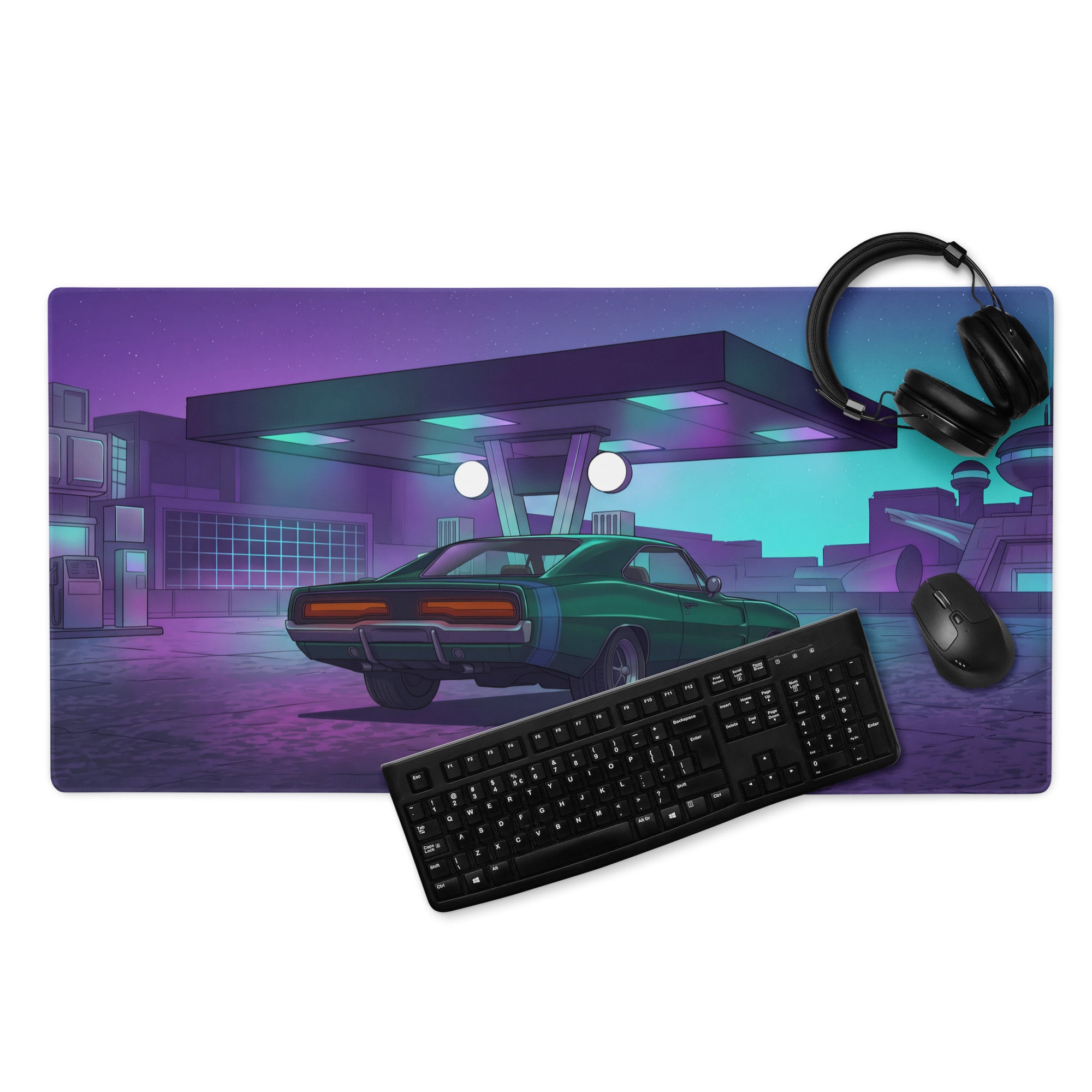 Dodge Challenger Inspired Green Purple Vaporwave Gaming Mouse Pad, Neon Retro Garage Desk Mat with Moody Classic Muscle Car Artwork