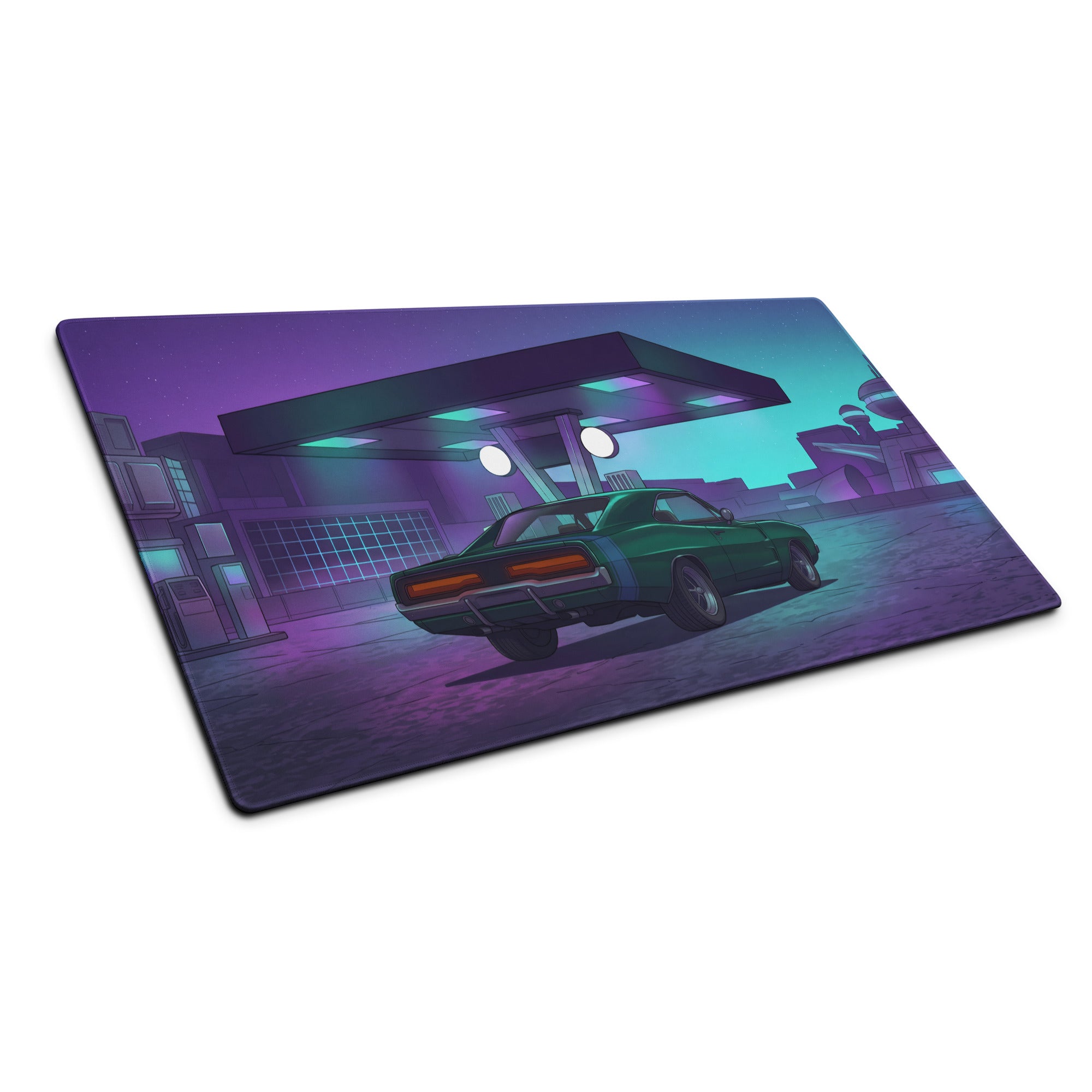 Dodge Challenger Inspired Green Purple Vaporwave Gaming Mouse Pad, Neon Retro Garage Desk Mat with Moody Classic Muscle Car Artwork
