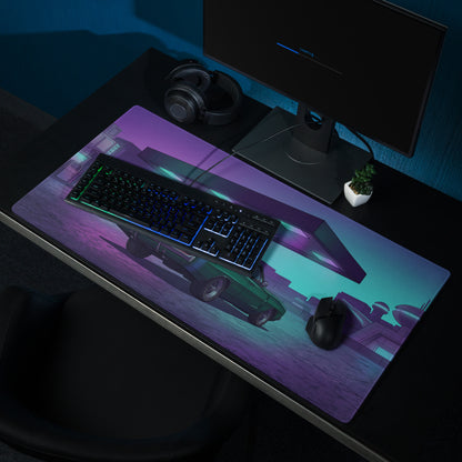 Dodge Challenger Inspired Green Purple Vaporwave Gaming Mouse Pad, Neon Retro Garage Desk Mat with Moody Classic Muscle Car Artwork