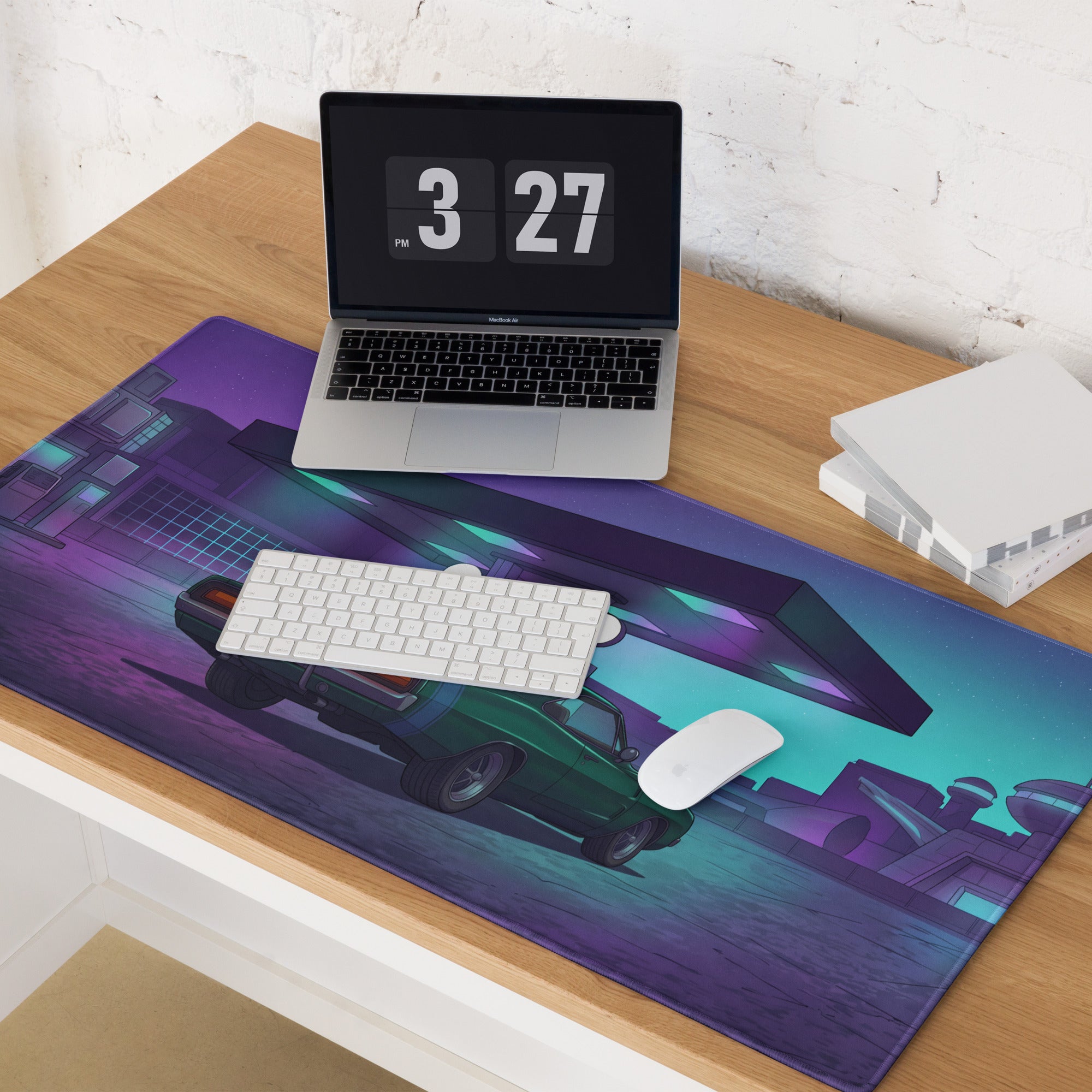 Dodge Challenger Inspired Green Purple Vaporwave Gaming Mouse Pad, Neon Retro Garage Desk Mat with Moody Classic Muscle Car Artwork